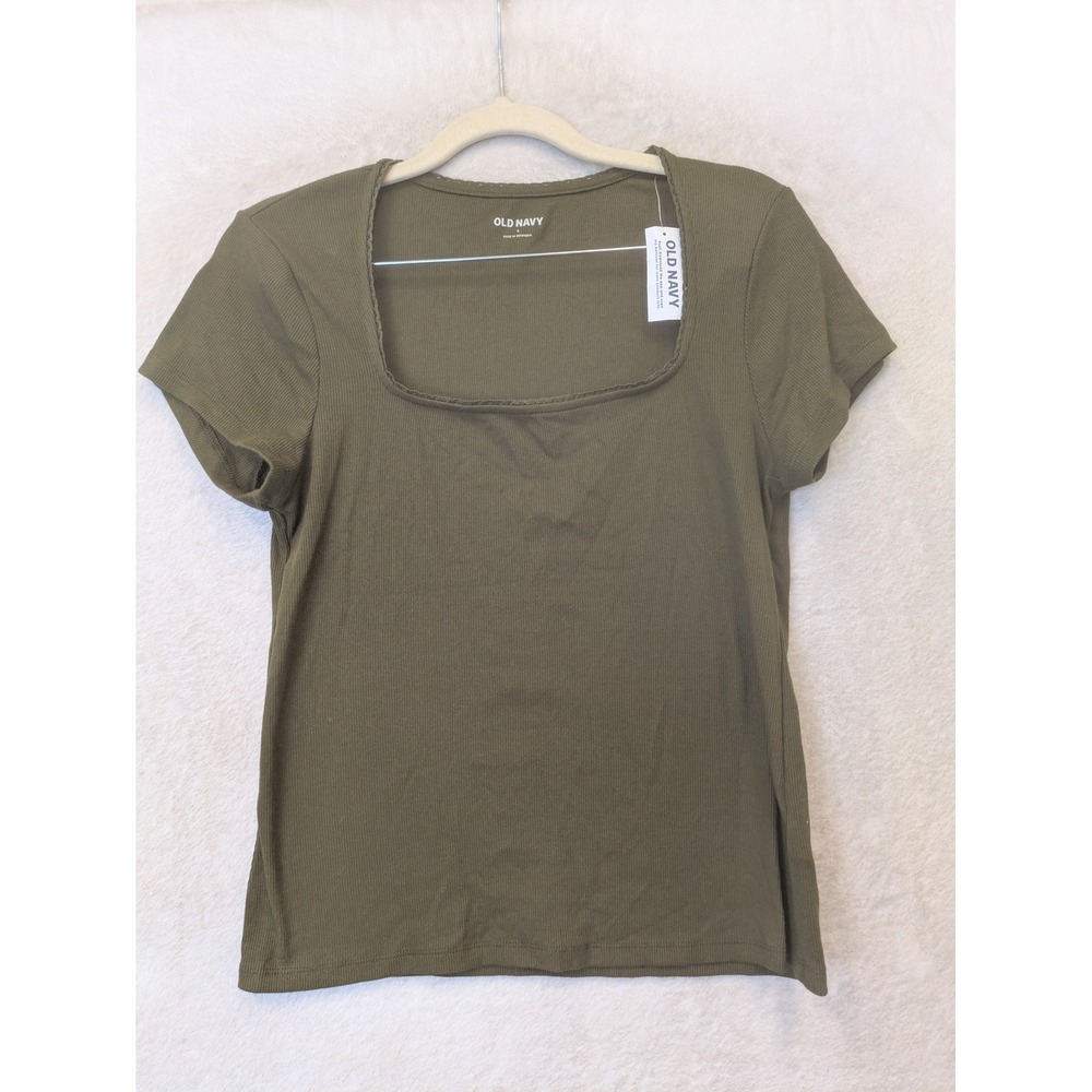 NEW Old Navy T-Shirt Women's L Olive Green Ribbed Square Neck Crochet Trim